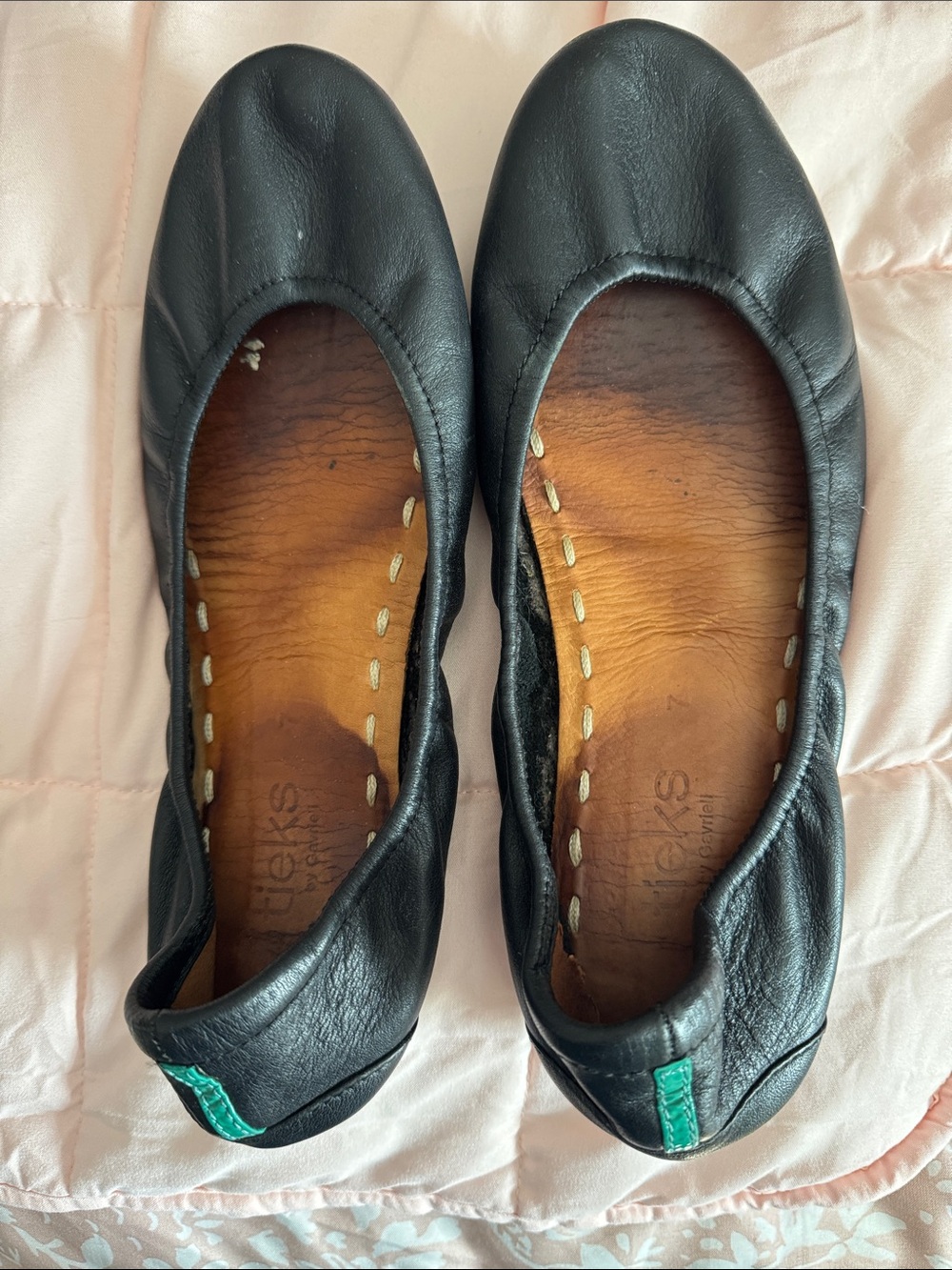Tieks Black Leather Ballet Flats with Green Heel Tab